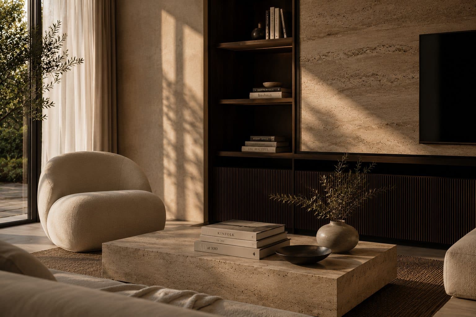 Sala terminada con sillón boucle, mesa de travertino y carpintería oscura