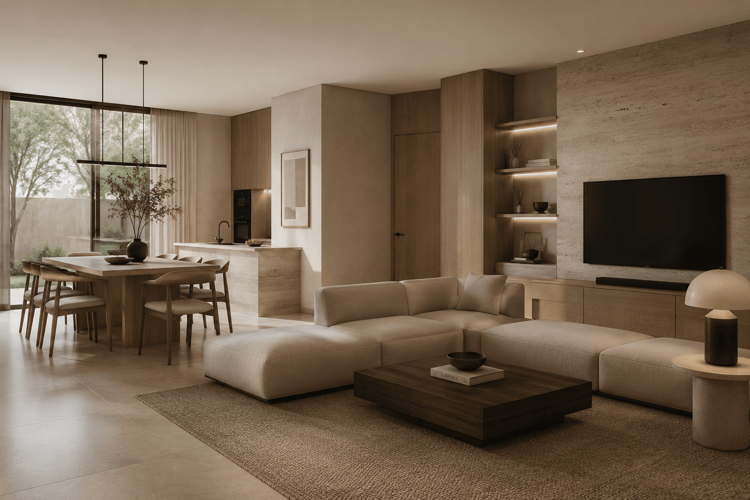 Sala y comedor integrados en tonos cálidos diseñados por Atika