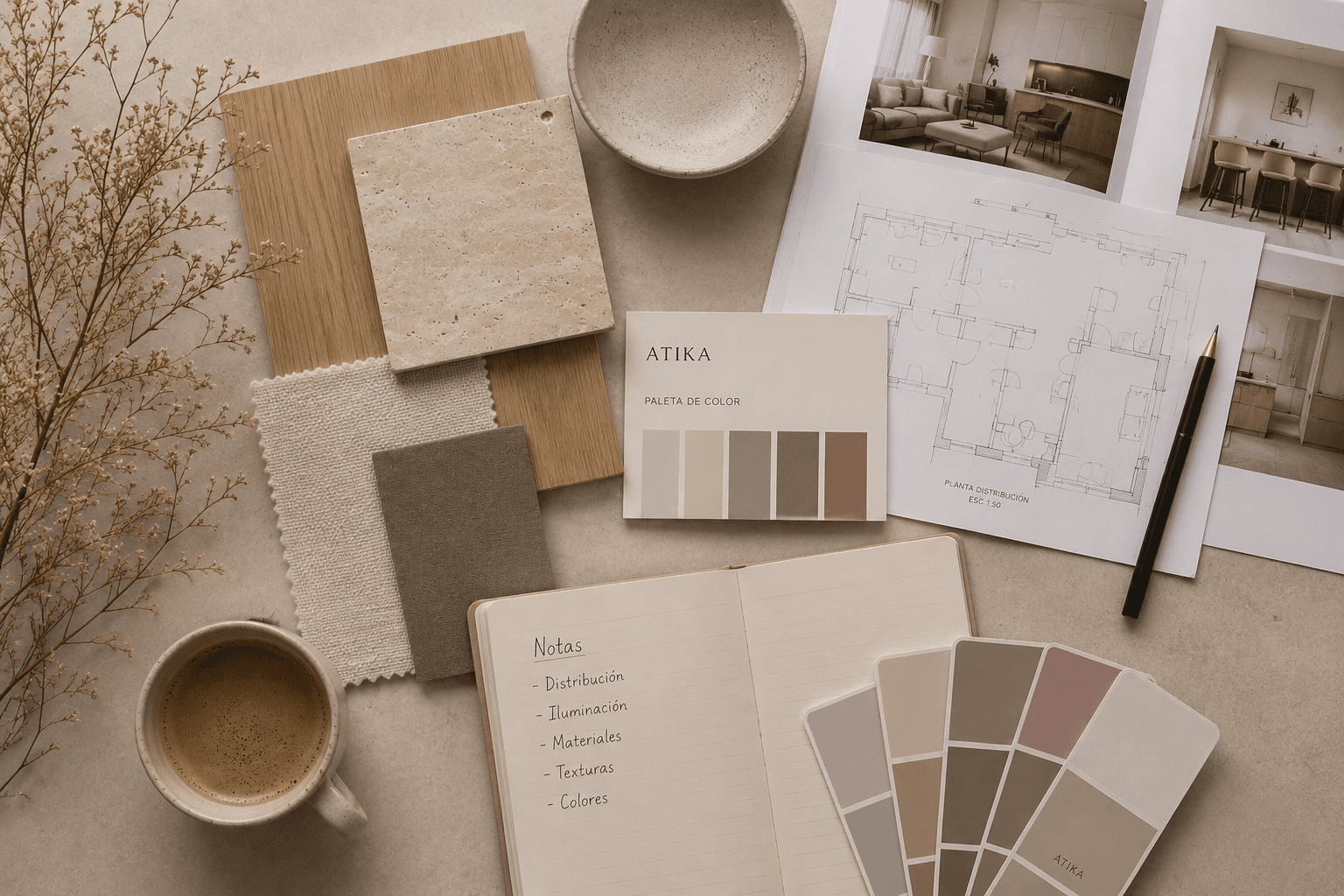 Mesa de trabajo Atika con paleta de color, materiales, planos y notas de consultoría