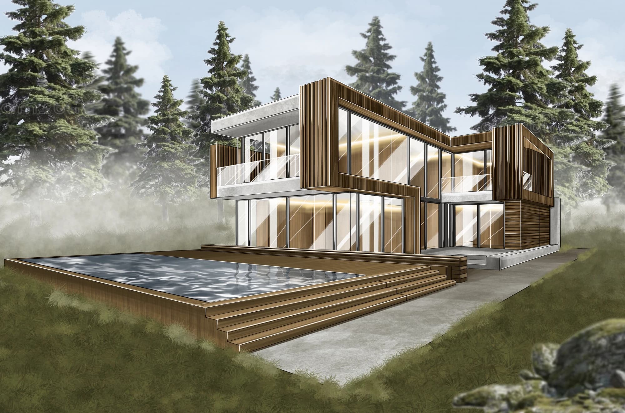 Ilustración arquitectónica de casa moderna con alberca entre pinos